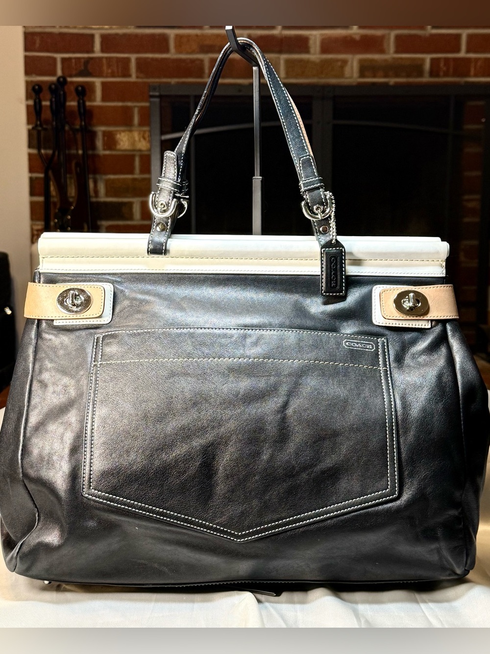 Coach Hampton Lg Leather Tote | Black White Tan | Silver Hardware | Style 9285